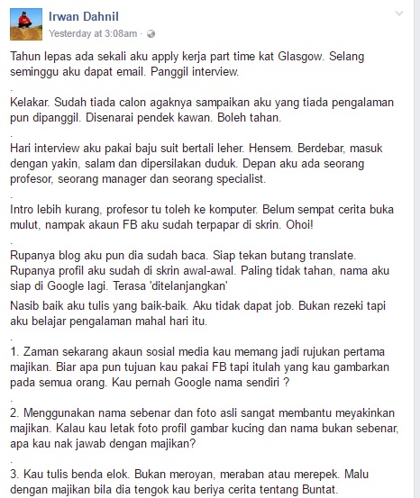 Nampak Bakal Majikan 'Stalk' FB Masa Temuduga