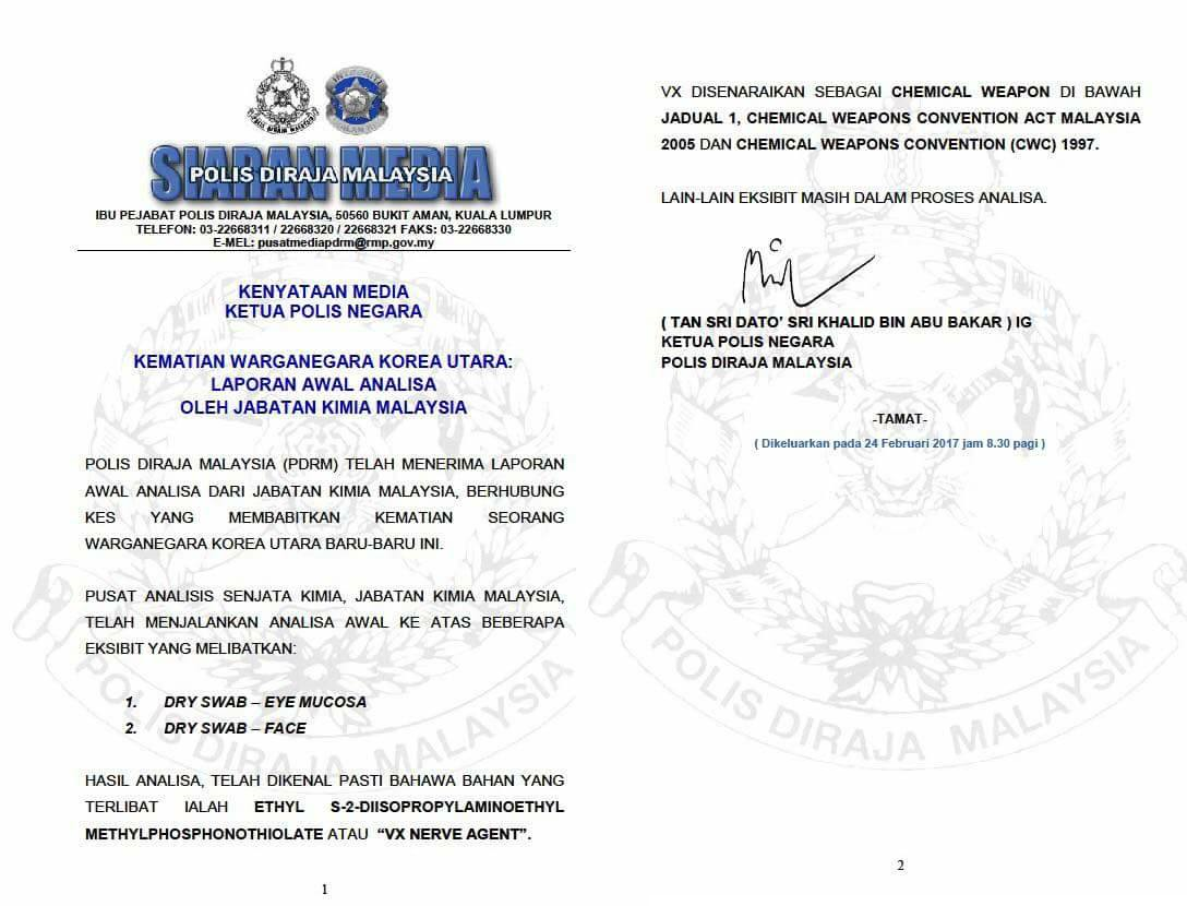 Bahan Kimia Pembunuh Dijumpai Di Muka Jong-nam